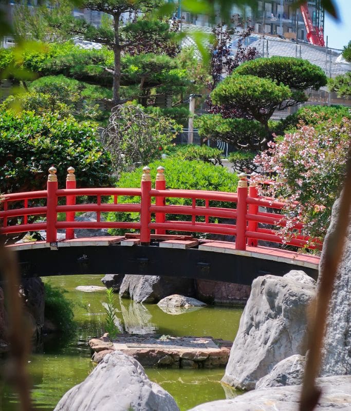 A picture of the red bridge that can be found in the quaint Japanese garden in Monaco. 