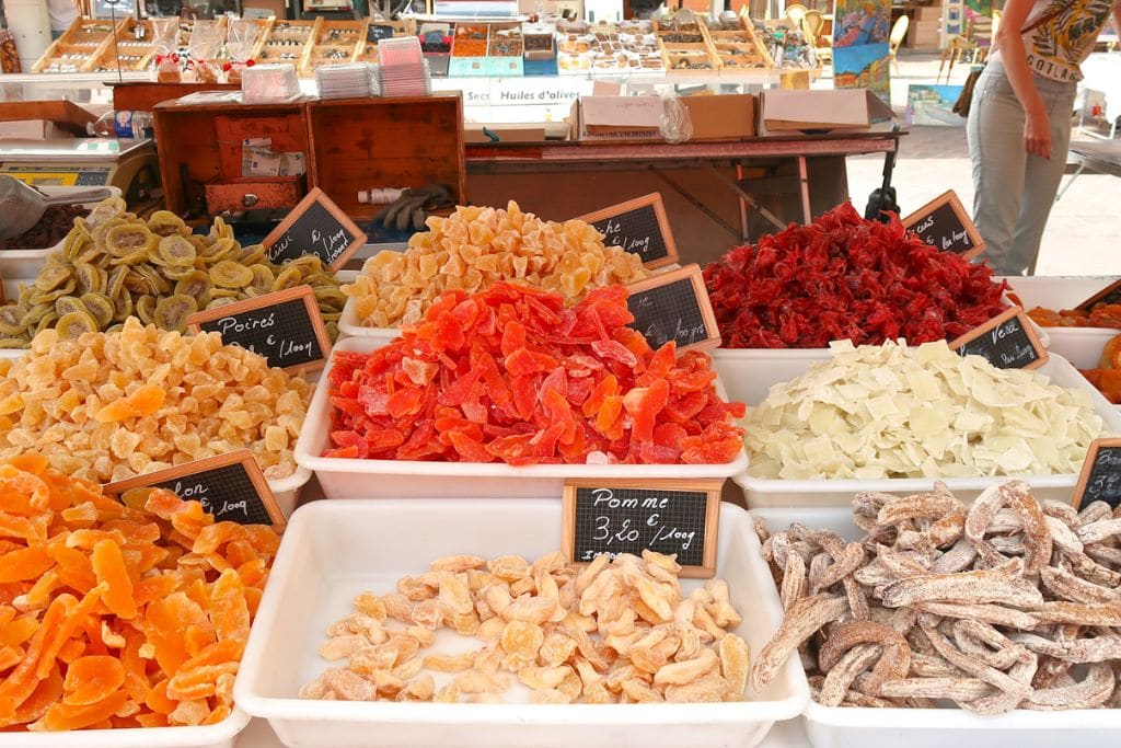 A picture of different candied treats at the Cours Saleya Market in Nice.