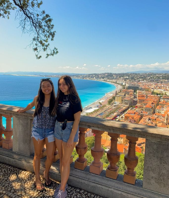 A picture of Kristin and her friend standing on top of Castle Hill in Nice. 