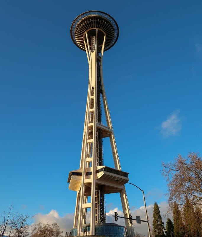 A picture of the Seattle Space Needle. You can visit the Amazon Spheres in Seattle as you walk from one attraction to the next.