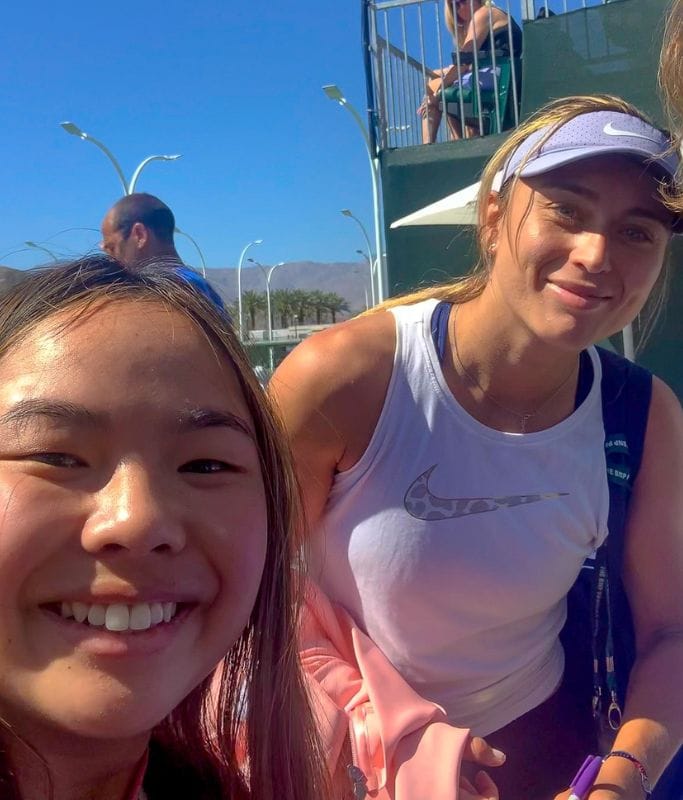 A picture of Kristin and Paula Badosa. You can get pictures with tennis players at the Indian wells tennis tournament near the practice courts and player zone.