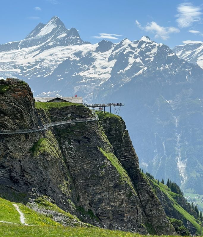 A far away picture of the First Walk platform with the snow-capped mountains in the background. The stunning alpine views is another reason I think many will find Grindelwald worth visiting.