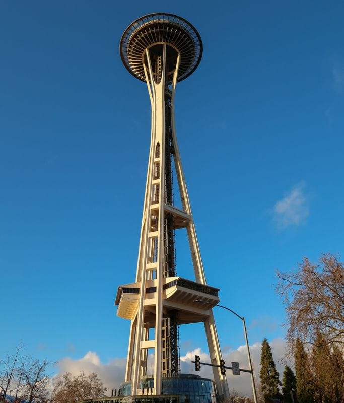 A picture of the Seattle Space Needle taken from below.