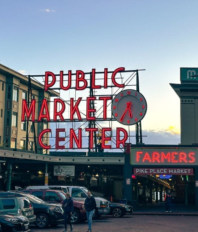 A picture of the iconic Public Market Center sign in Seattle.